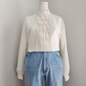 Vintage 70s Oraré Edwardian Cream White Lace Pleated High Neck Blouse Top USA L
